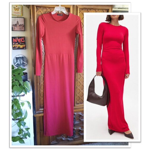 ZARA Basic Women's Long Sleeve Sheath Maxi Dress w Slit - Burgundy Red, Size XS - Picture 2 of 16